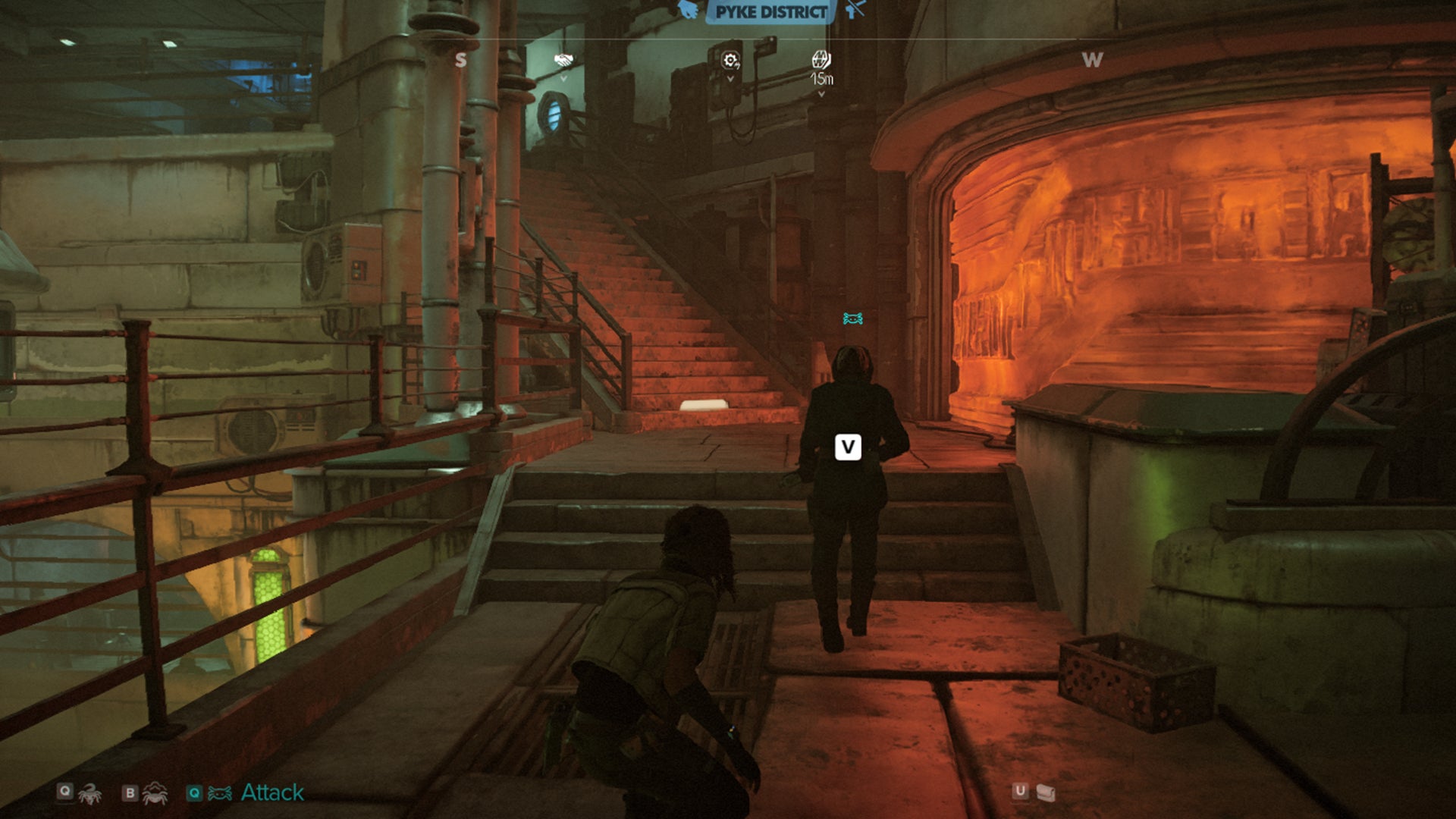 Star Wars Outlaws screenshot of Kay Vess sneaking past a Pyke guard. - 6