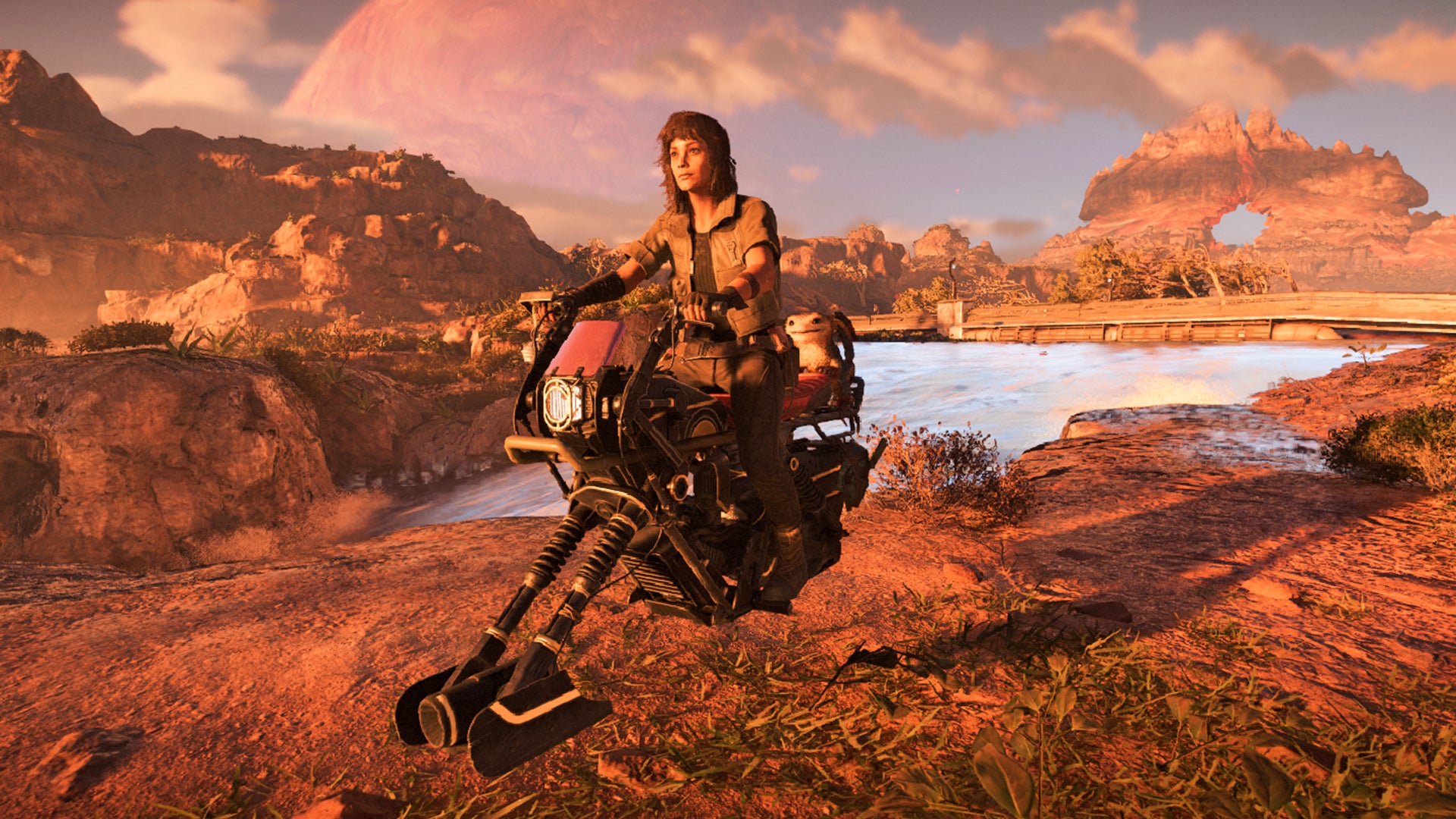 Star Wars Outlaws screenshot of Kay Vess and Nix travelling via Speeder. - 1