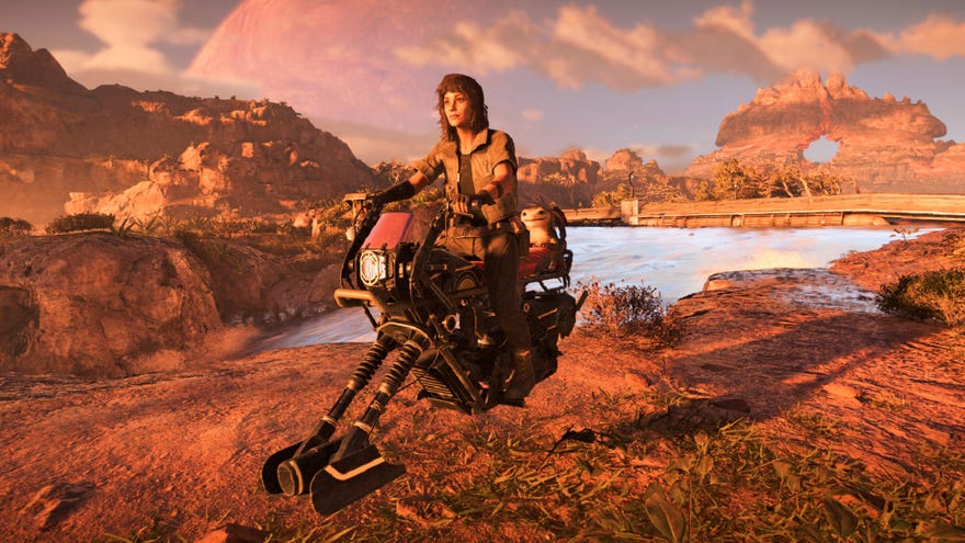 Star Wars Outlaws screenshot of Kay Vess and Nix travelling via Speeder.