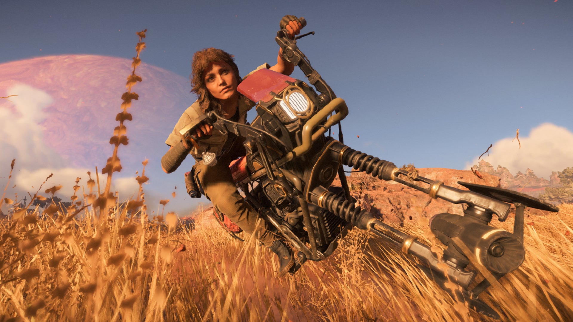 Star Wars Outlaws screenshot of Kay Vess on her Speeder on Toshara. - 1