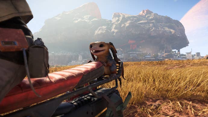 Star Wars Outlaws screenshot of Nix on the back of a Speeder.