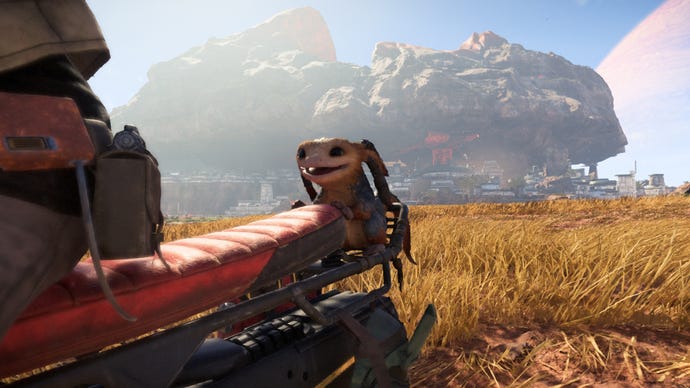 Star Wars Outlaws screenshot of Nix on the back of a Speeder.