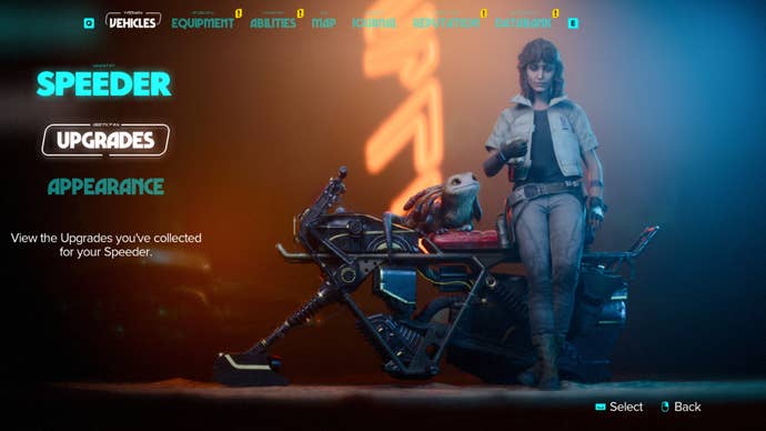 Star Wars Outlaws screenshot of the main Speeder menu.