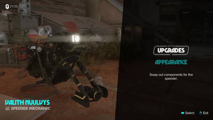 Star Wars Outlaws screenshot of the Speeder Upgrades menu.