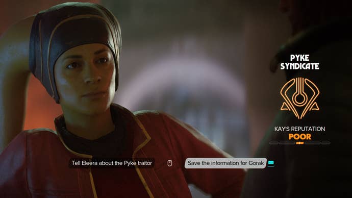 Star Wars Outlaws screenshot of Eleera and Kay’s choice between informing either her or Gorak of the Pyke traitor.