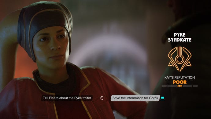 Star Wars Outlaws screenshot of Eleera and Kay’s choice between informing either her or Gorak of the Pyke traitor.