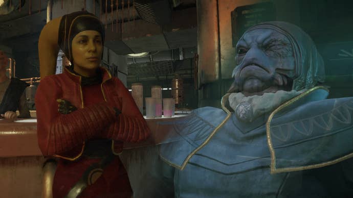 Star Wars Outlaws screenshot of Eleera and Gorak, leaders of the Crimson Dawn and Pyke syndicates on Toshara.