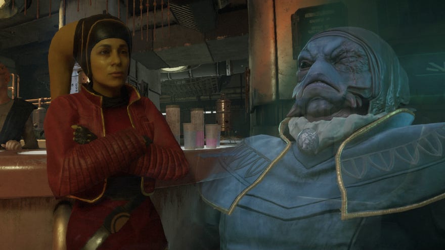 Star Wars Outlaws screenshot of Eleera and Gorak, leaders of the Crimson Dawn and Pyke syndicates on Toshara.