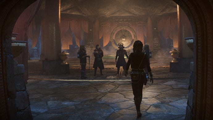 Star Wars Outlaws screenshot of Kay Vess attending an Ashiga Clan meeting on Kijimi.