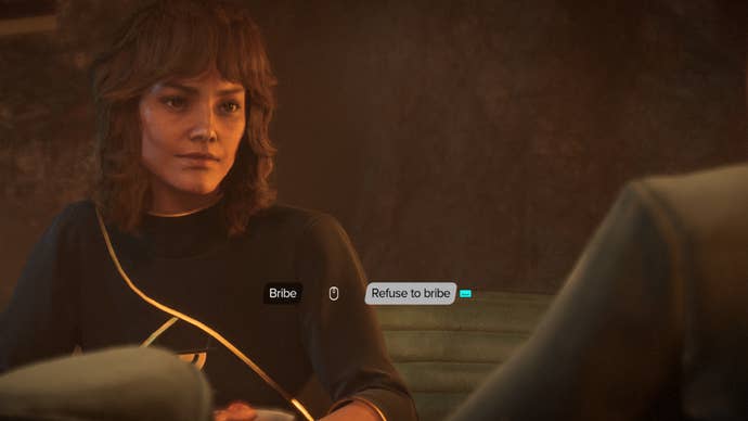 Star Wars Outlaws screenshot of the ‘bribe’ choice with the Imperial Officer.