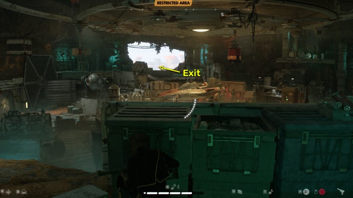 A Star Wars Outlaws screenshot from the Broker quest. The image shows Kay in Pyke's workshop.