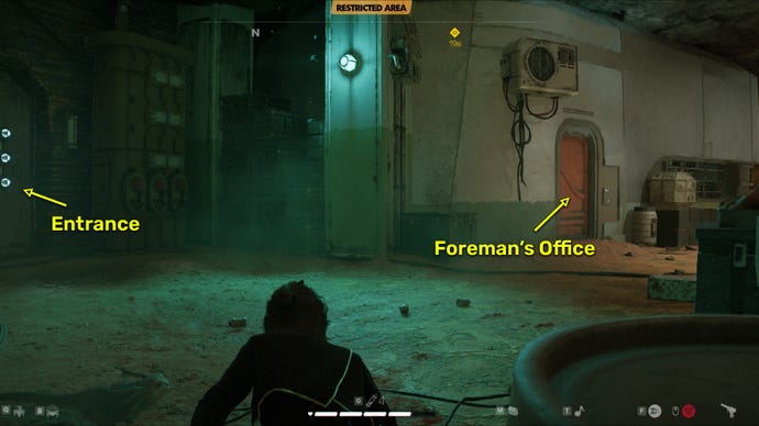 A Star Wars Outlaws screenshot from the Broker quest. The image shows Kay in Pyke's workshop.