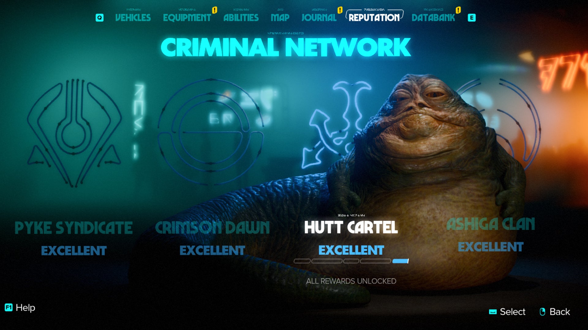 Star Wars Outlaws screenshot of the reputation menu, showing Kay's reputation amongst the four syndicates. - 6