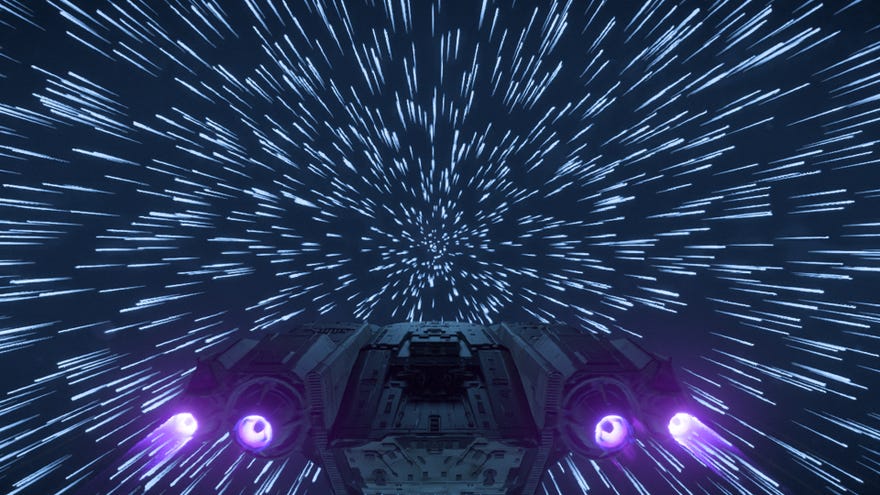 Star Wars Outlaws screenshot of the Trailblazer entering hyperspace.