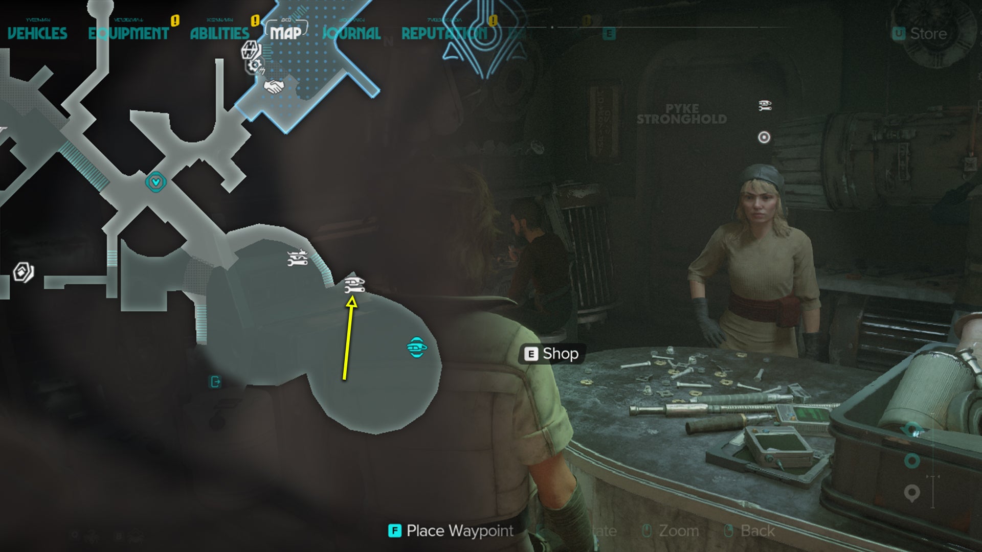 Star Wars Outlaws screenshot showing where to find a ship mechanic in Mirogana, Toshara. - 3