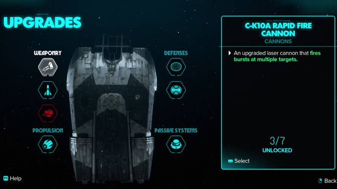 Star Wars Outlaws screenshot of the Trailblazer ship upgrades menu in-game.