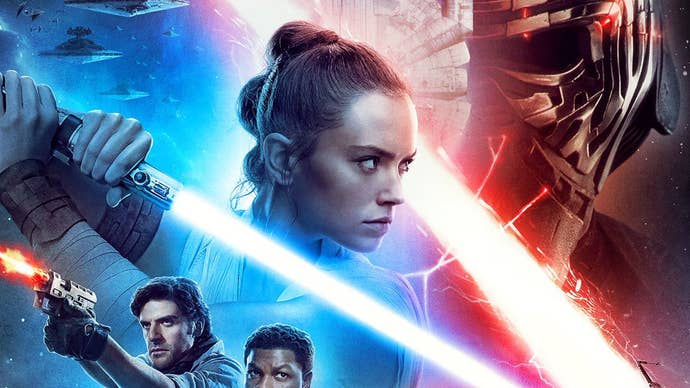 A poster for Star Wars: The Rise of Skywalker showing Rey holding her lightsaber up.