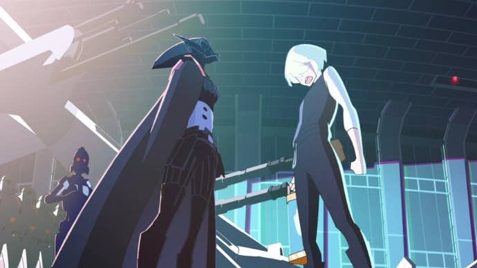 A still from Star Wars: Visions, The Twins, showing a woman in a dark, sci-fi suit in front of a blonde man whose head is looking down.