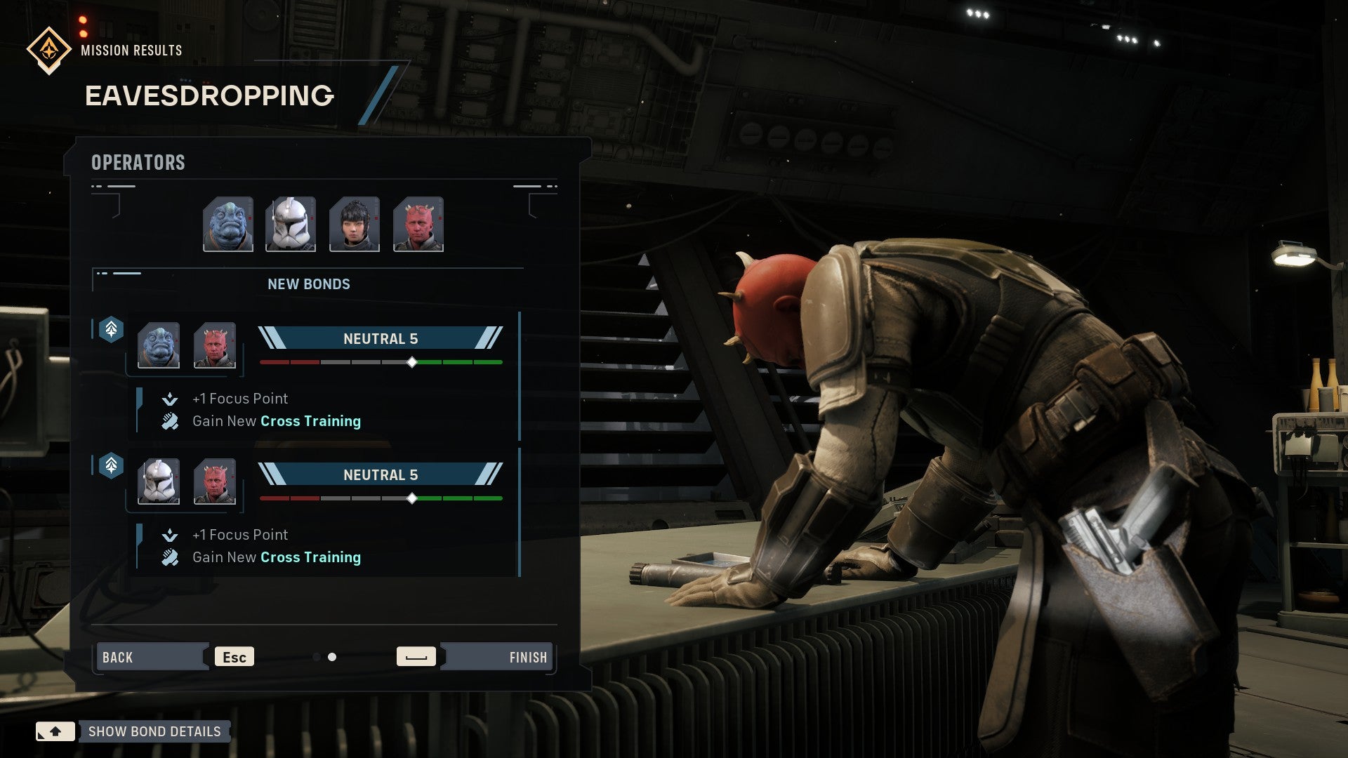 Star Wars: Zero Company screenshot showing Hawkes looking stressed at his desk, after a mission