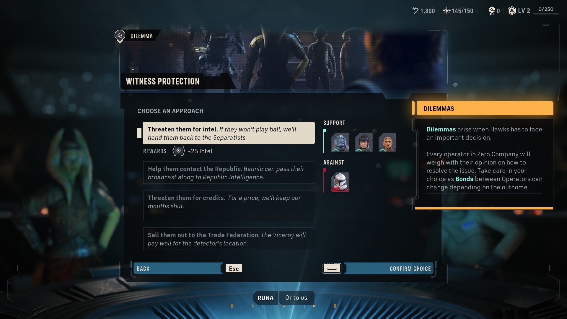 Star Wars: Zero Company screenshot showing your options in a Witness Protection dilemma