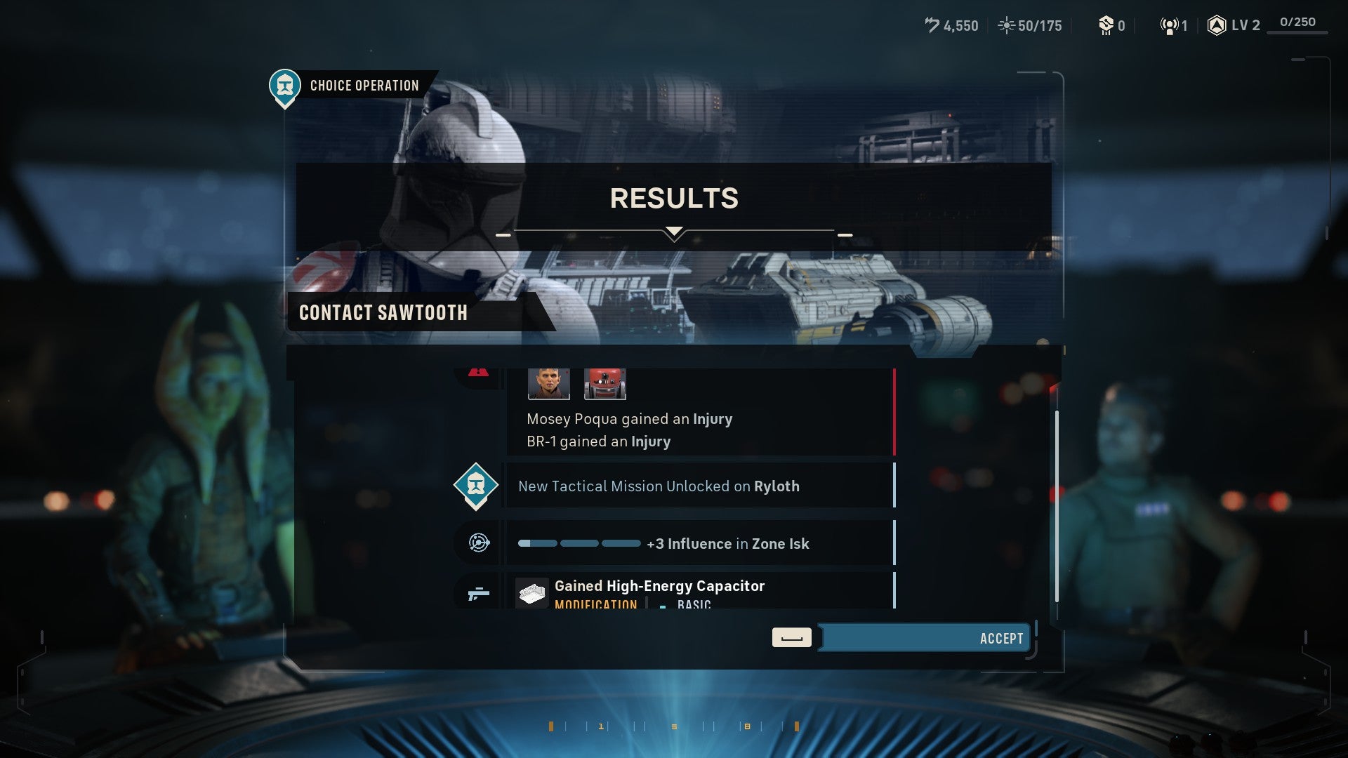 Star Wars: Zero Company screenshot showing the results of a dilemma
