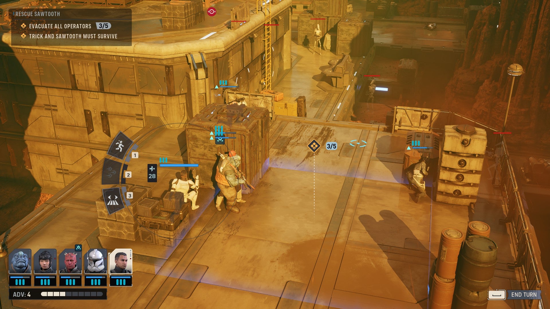 Star Wars: Zero Company screenshot showing your operatives right by the extraction zone at the end of a mission