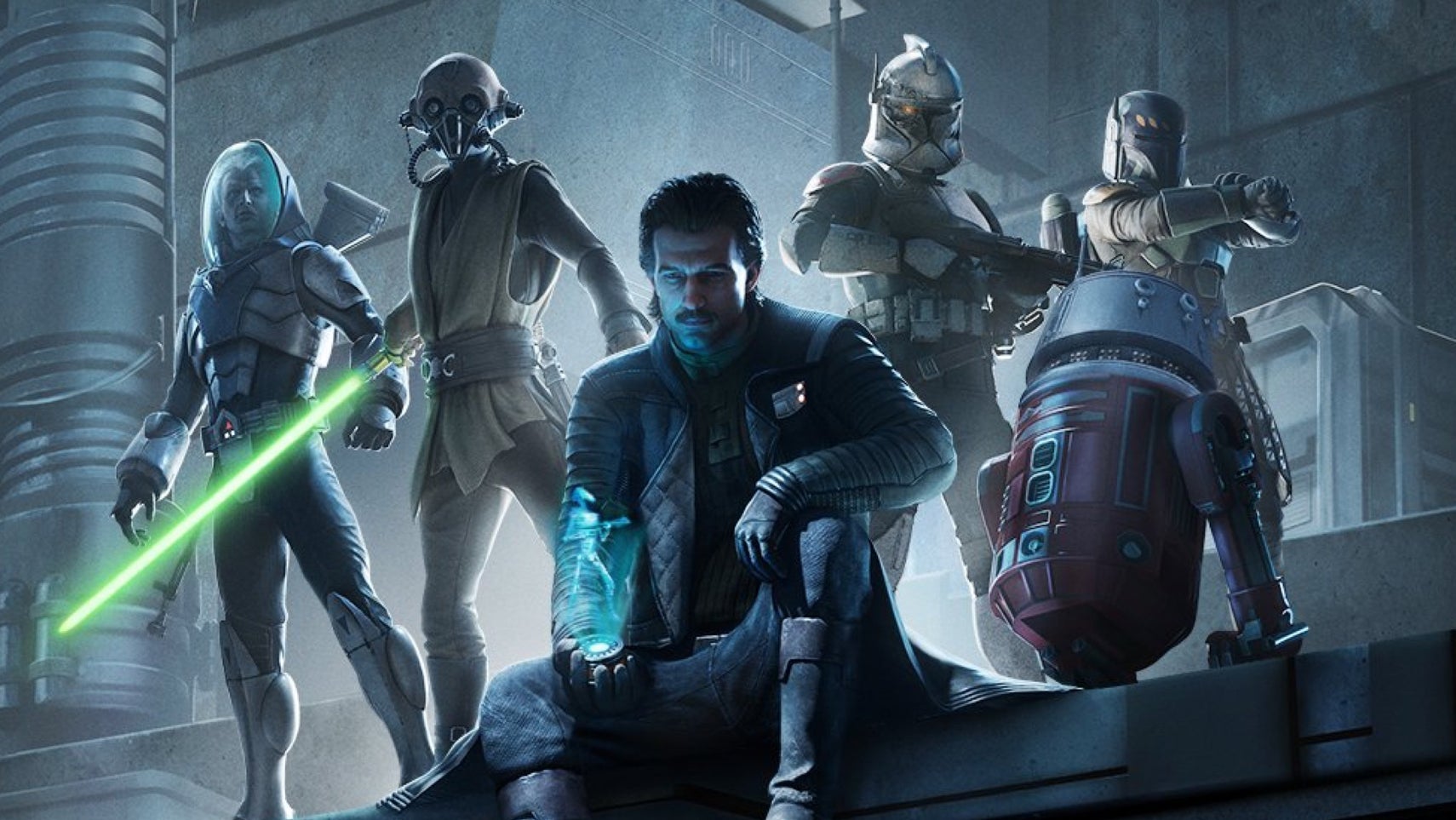 Image 1: Star Wars: Zero Company artwork showing five unnamed characters including a Jedi, Mandalorian, and Clone trooper.