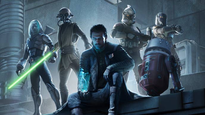 Star Wars: Zero Company artwork showing five unnamed characters including a Jedi, Mandalorian, and Clone trooper.