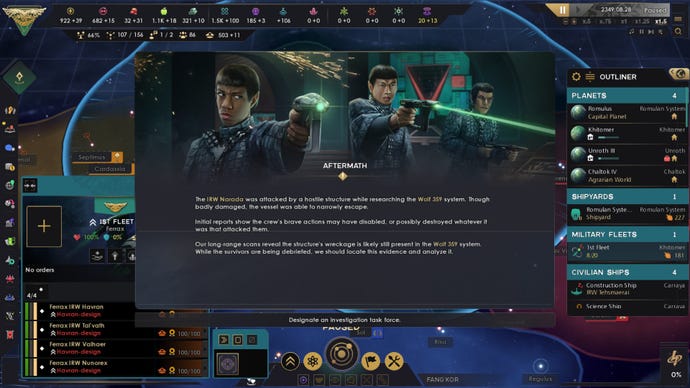 A message pop-up saying a vessel managed to narrowly escape an attack in Star Trek: Infinite.