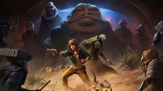 Star Wars Outlaw art showing main character Vay Kess and a friend fighting gangsters with Jabba the Hutt in the background