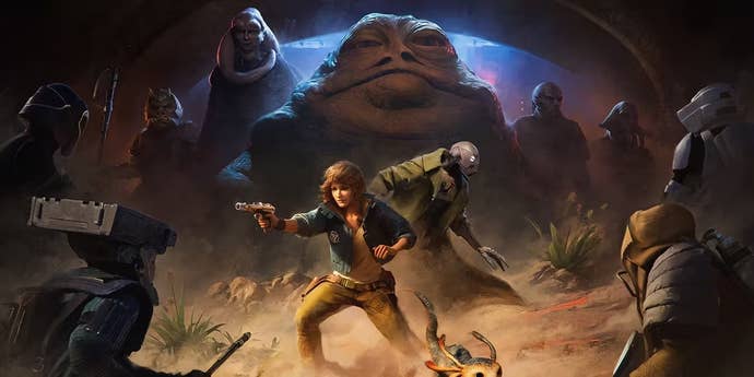 Star Wars Outlaw art showing main character Vay Kess and a friend fighting gangsters with Jabba the Hutt in the background