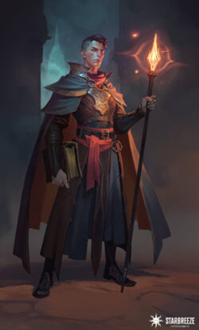 A wizard-style character wields a glowing staff and grips a book under one arm in teaser art for Project Baxter, the Dungeons & Dragons game from Payday makers Starbreeze