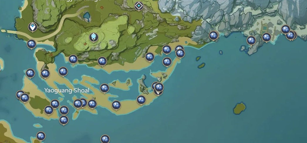 A map showing all Starconch locations in Liyue&rsquo;s Yaoguang Shoal area.