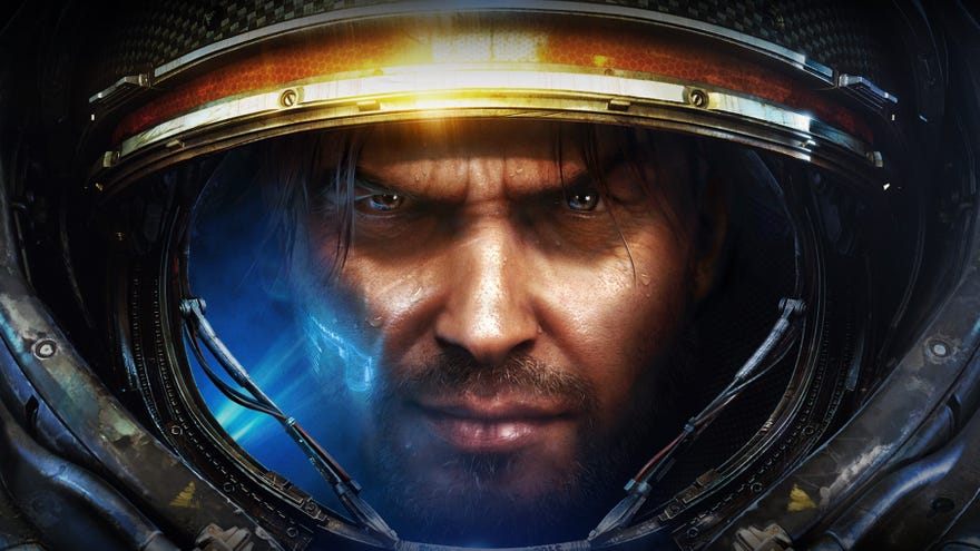 Jim Raynor's face inside his helmet in StarCraft 2 artwork.