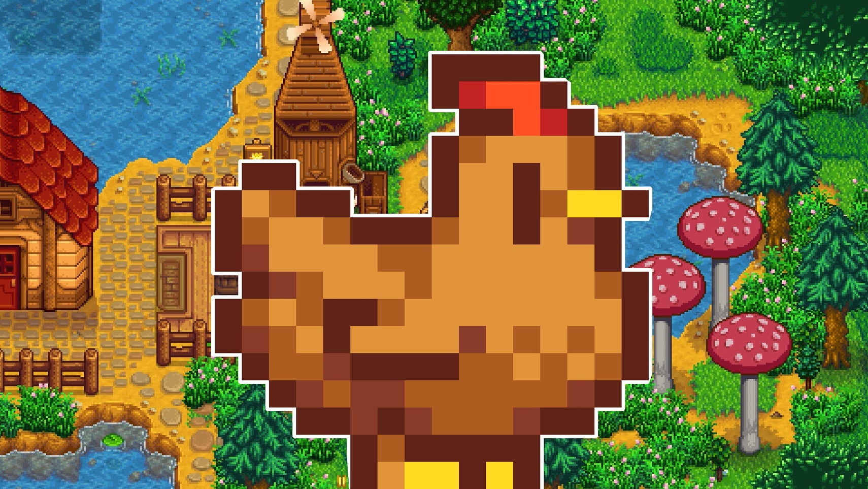 A Stardew Valley chicken superimposed over a screenshot from the farming game.