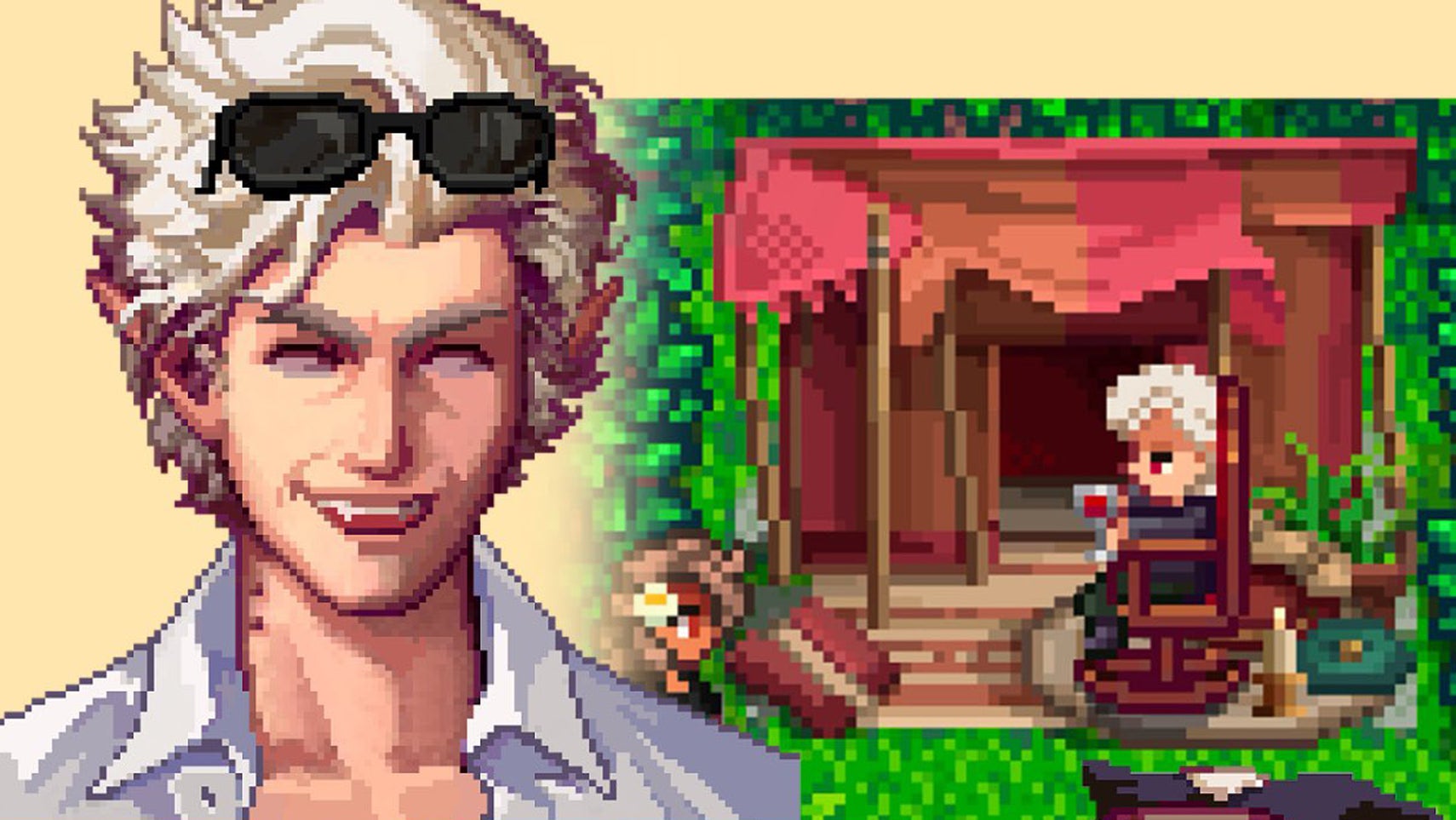 Astarion, a fluffy haired elf, rendered in Stardew Valley's pixel art style, while wearing sunglasses, a scene of him in a rocking chair next to the portrait of him. - 1