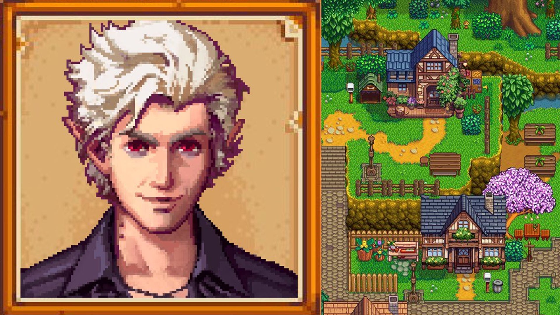A portrait of Baldur's Gate 3 companion Astarion in the style of a Stardew Valley character next to an overview of the new map for Baldur's Village - 1