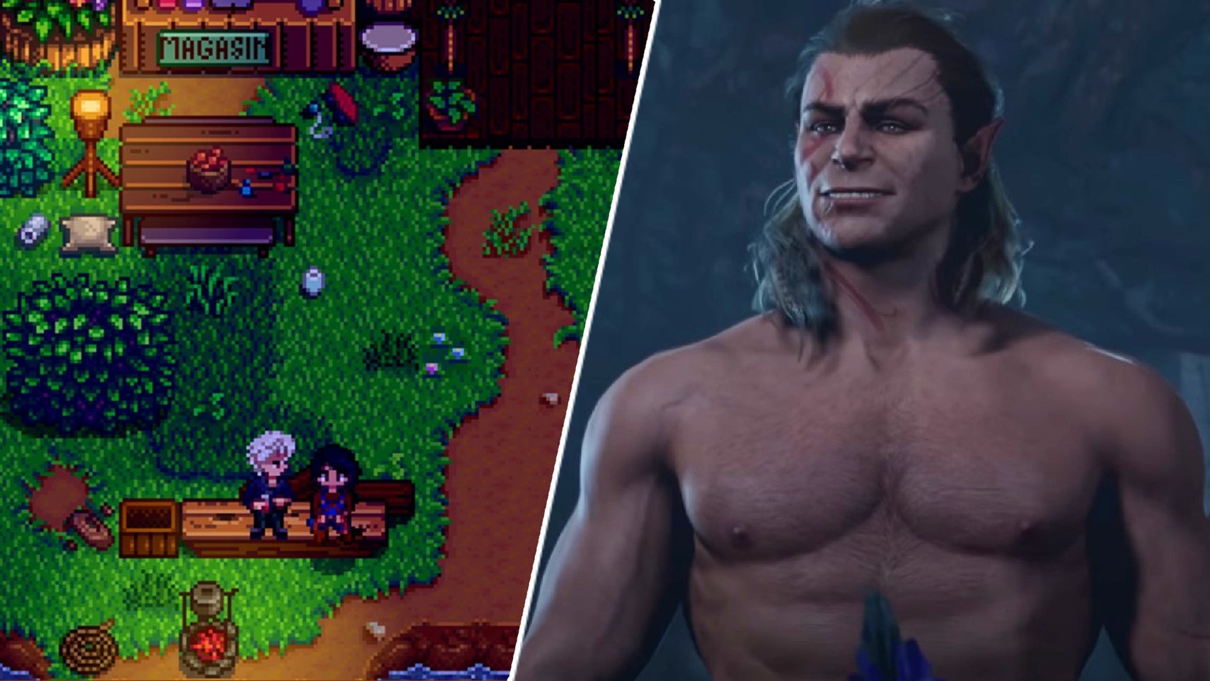 A Stardew Valley character chatting to Astarion in Baldur's Village, alongside Halsin in Baldur's Gate 3. - 1