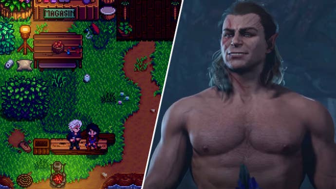 A Stardew Valley character chatting to Astarion in Baldur’s Village, alongside Halsin in Baldur’s Gate 3.
