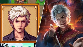 On the left, a pixel art version of Baldur's Gate 3's Astarion in Stardew Valley's art style. On the right, key art of Baldur's Gate 3's Astarion holding up a dagger.