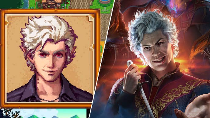 On the left, a pixel art version of Baldur’s Gate 3’s Astarion in Stardew Valley’s art style. On the right, key art of Baldur’s Gate 3’s Astarion holding up a dagger.