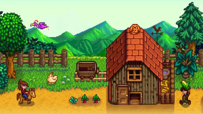 Stardew Valley art showing a pink bird flying over a wooden barn while a character rides a horse below and another runs into the shot carrying corn.
