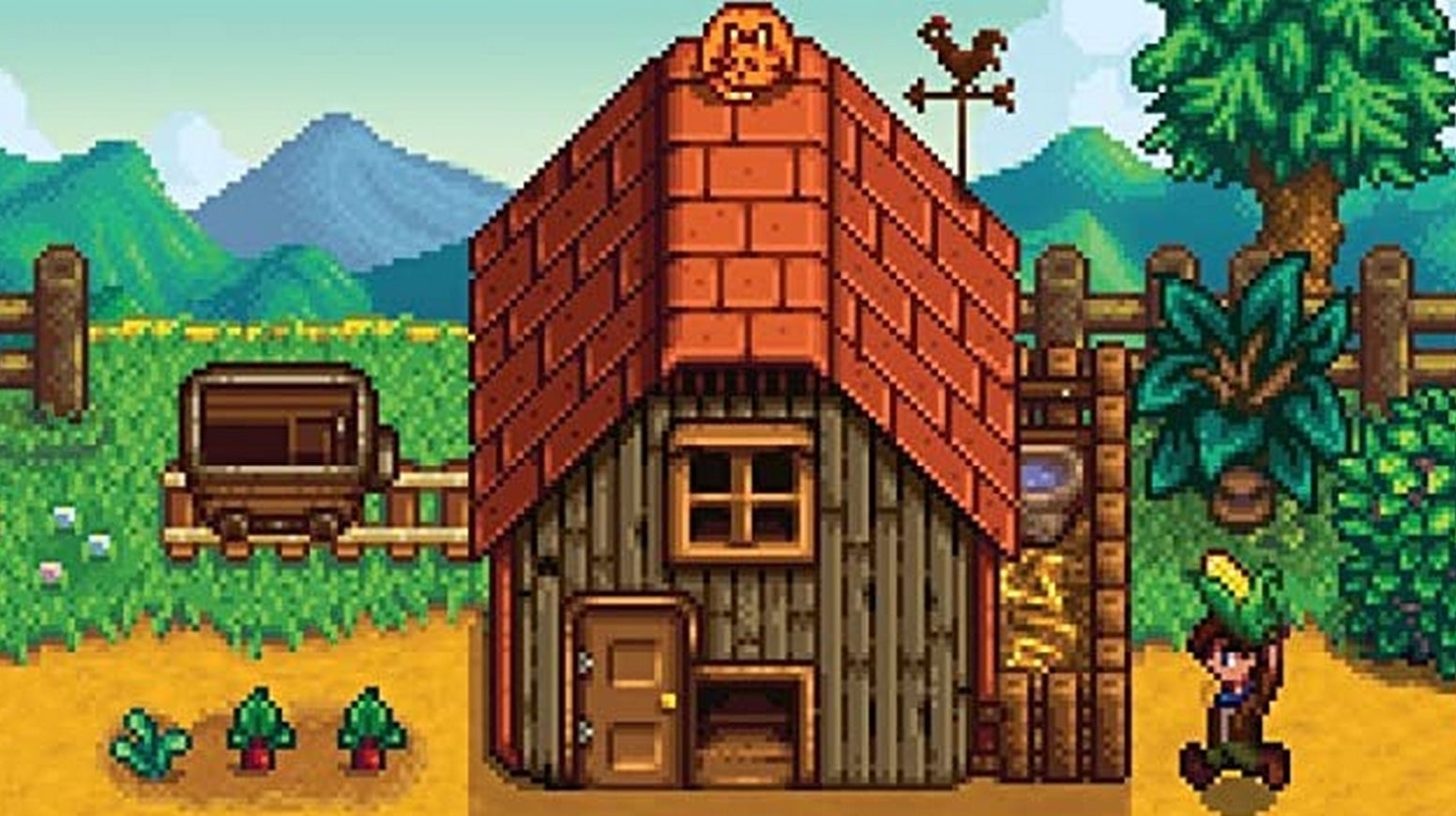 Stardew Valley farmer carries some corn towards a farmhouse