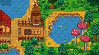 A Stardew Valley screenshot showing the player character fishing in a large pond close to their farm.