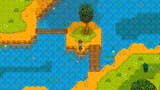Stardew Valley player fishing on an isolated piece of land in the middle of water, connected to two river banks with wooden bridges