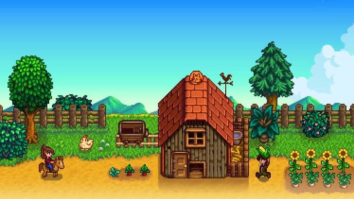 A promotional image for Stardew Valley showing an idyllic farmhouse beneath a bright blue sky, all drawn in the game’s distinctive pixel art style.