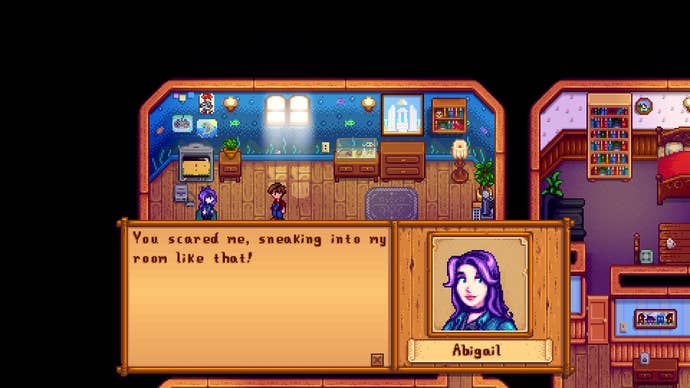The player being told off for sneaking about in Stardew Valley.