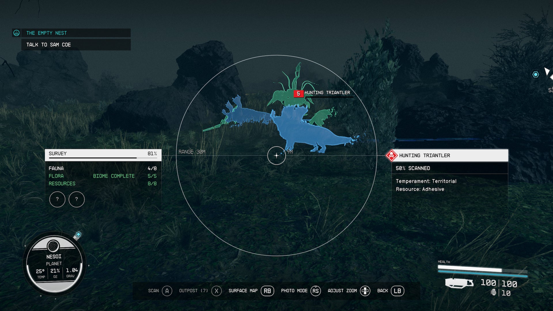 A scanner screen showing a hunting triantler in Starfield, an animal which drops adhesive - 3