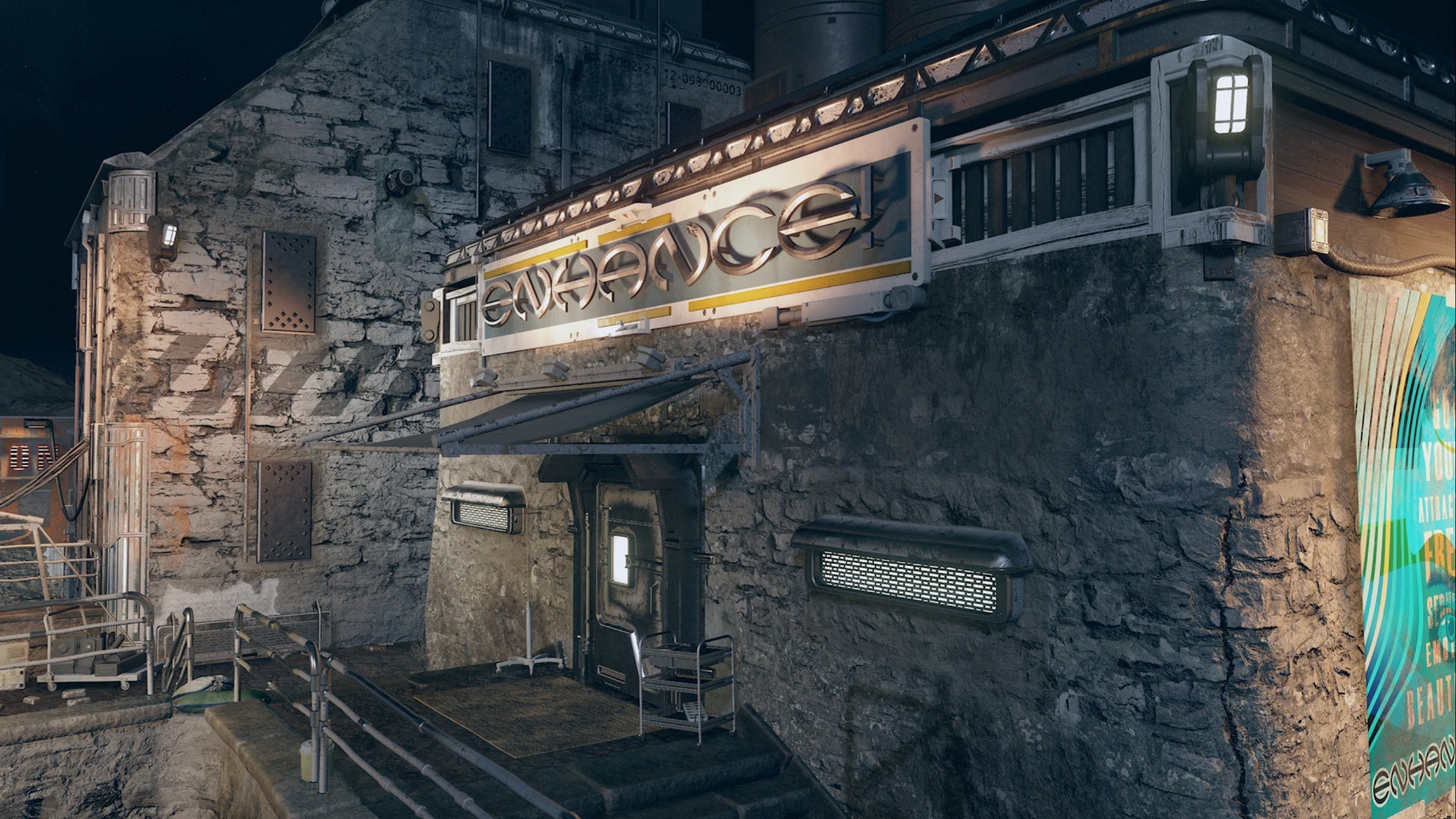 starfield akila city enhance building exterior at night