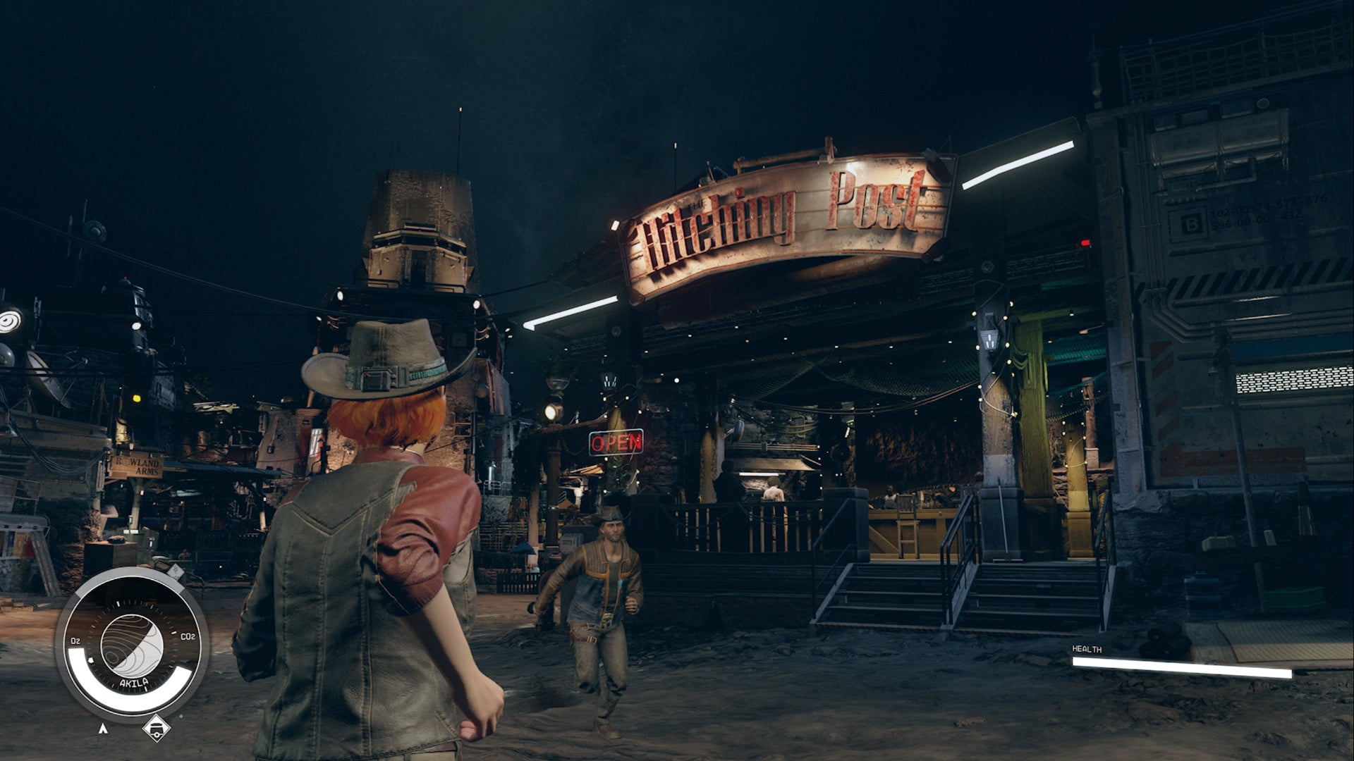 starfield akila city, player in a cowboy hat is running towards the hitching post bar building